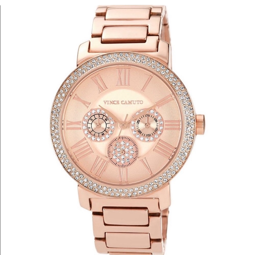 ROSE GOLD PAVE BEZEL TRIPLE SUBDIAL WATCH IN GOLD STAINLESS STEEL